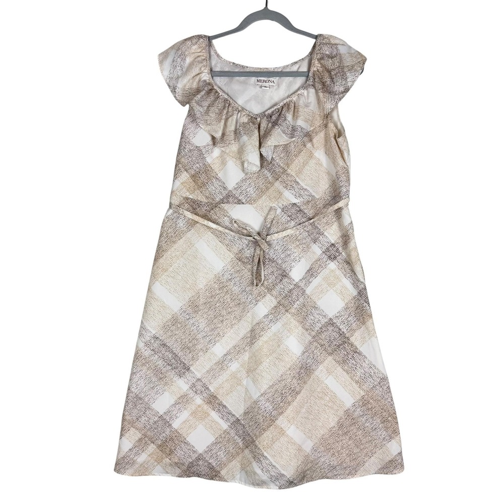 Merona Dress Womens 10 Beige Plaid Ruffle‎ Fit & Flare Flutter Sleeve Sundress
